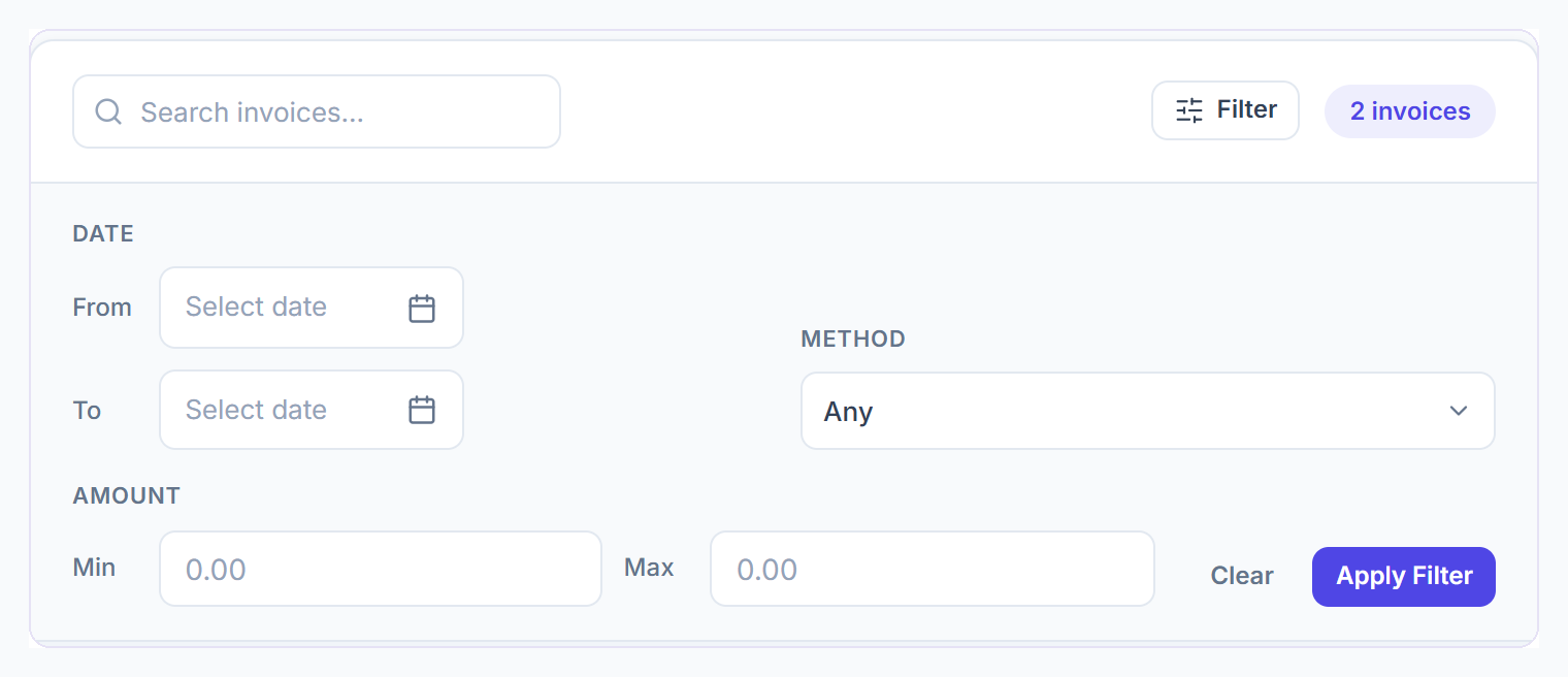 Invoice filters for date, method and amount