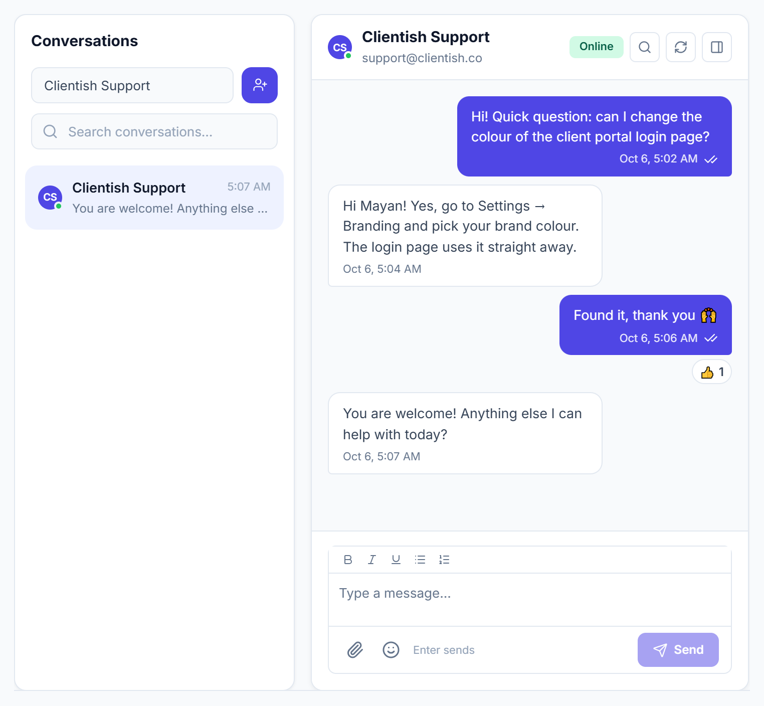 Live Chat with Clientish Support: conversation list, messages, reactions and the message box