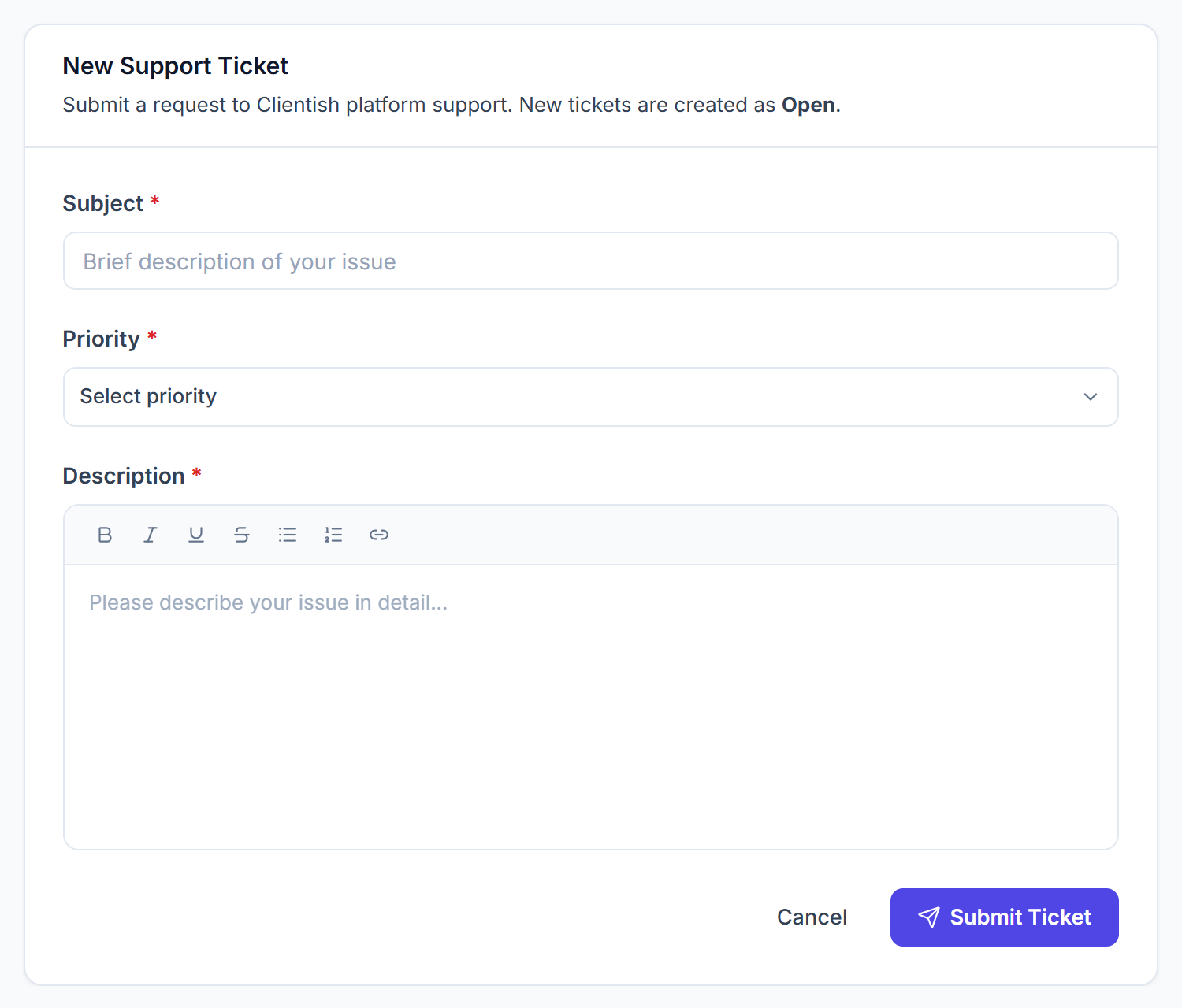 New Support Ticket form with subject, priority and description