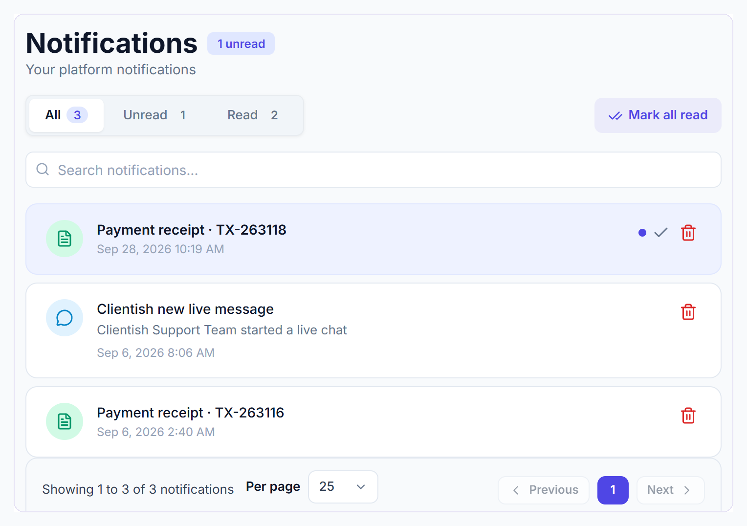 Clientish Portal notifications with All, Unread and Read tabs