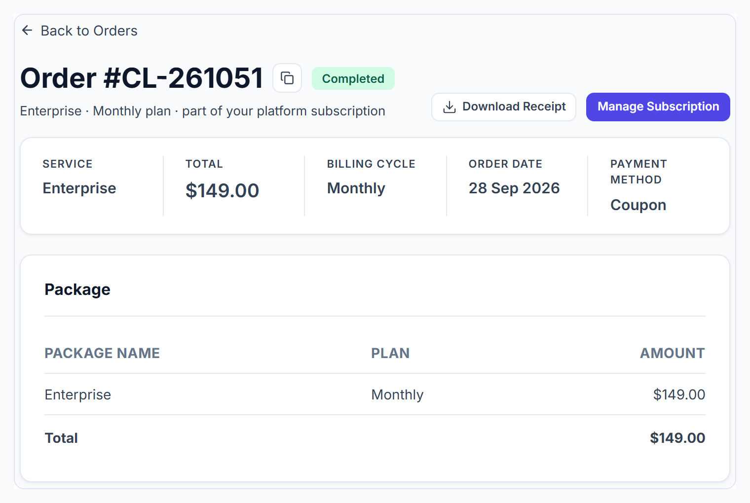 Order detail with Download Receipt, Manage Subscription and the package