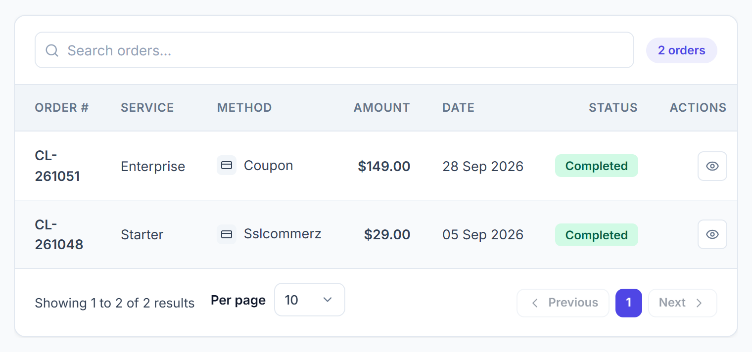 Clientish orders list with order number, plan, method, amount, date and status