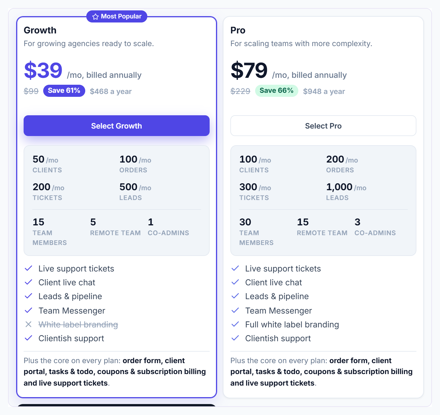 Growth and Pro plan cards with yearly billing selected