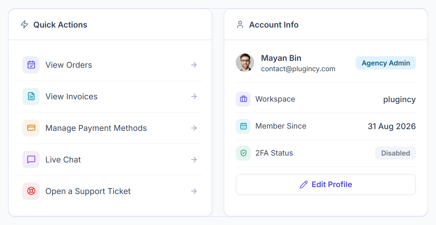 Quick Actions and Account Info cards on the Clientish Portal dashboard