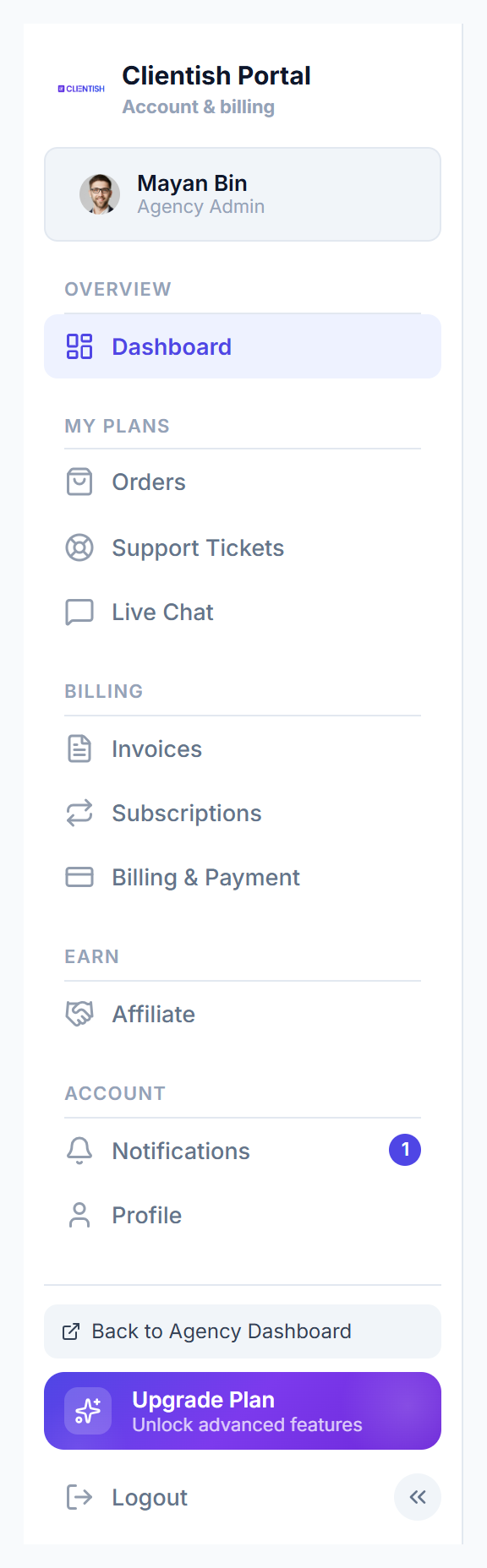 Clientish Portal menu: Dashboard, Orders, Support Tickets, Live Chat, Invoices, Subscriptions, Billing & Payment, Affiliate, Notifications, Profile