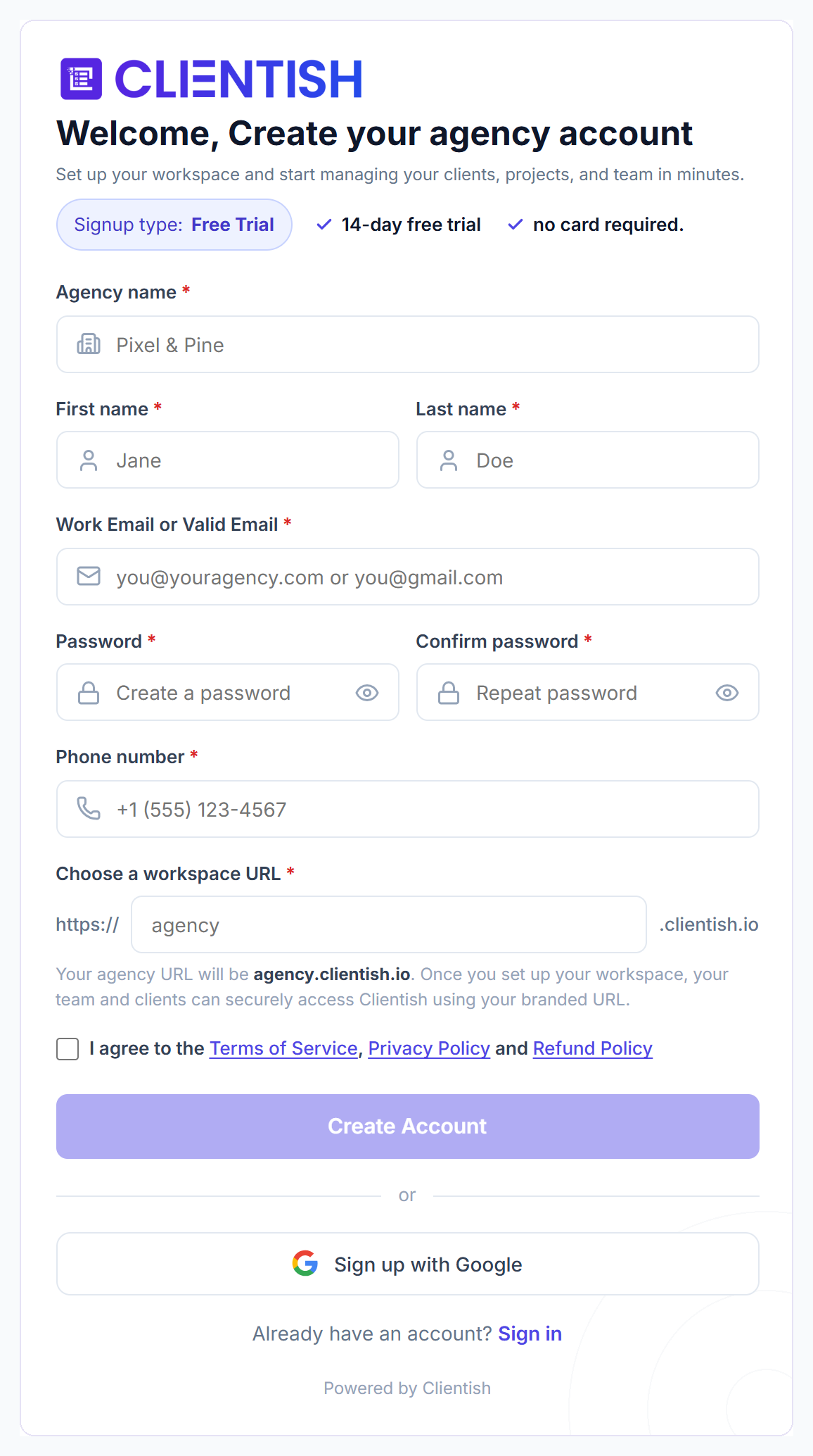 Create your agency account form