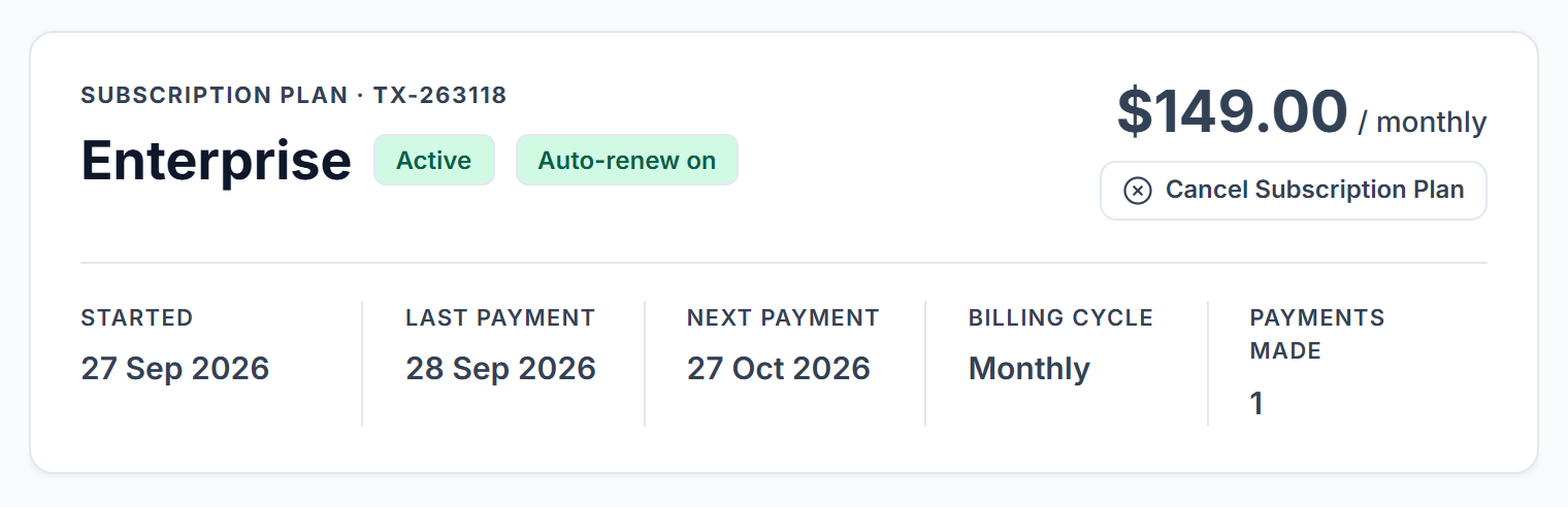Subscription detail with status, auto-renew, price and payment dates