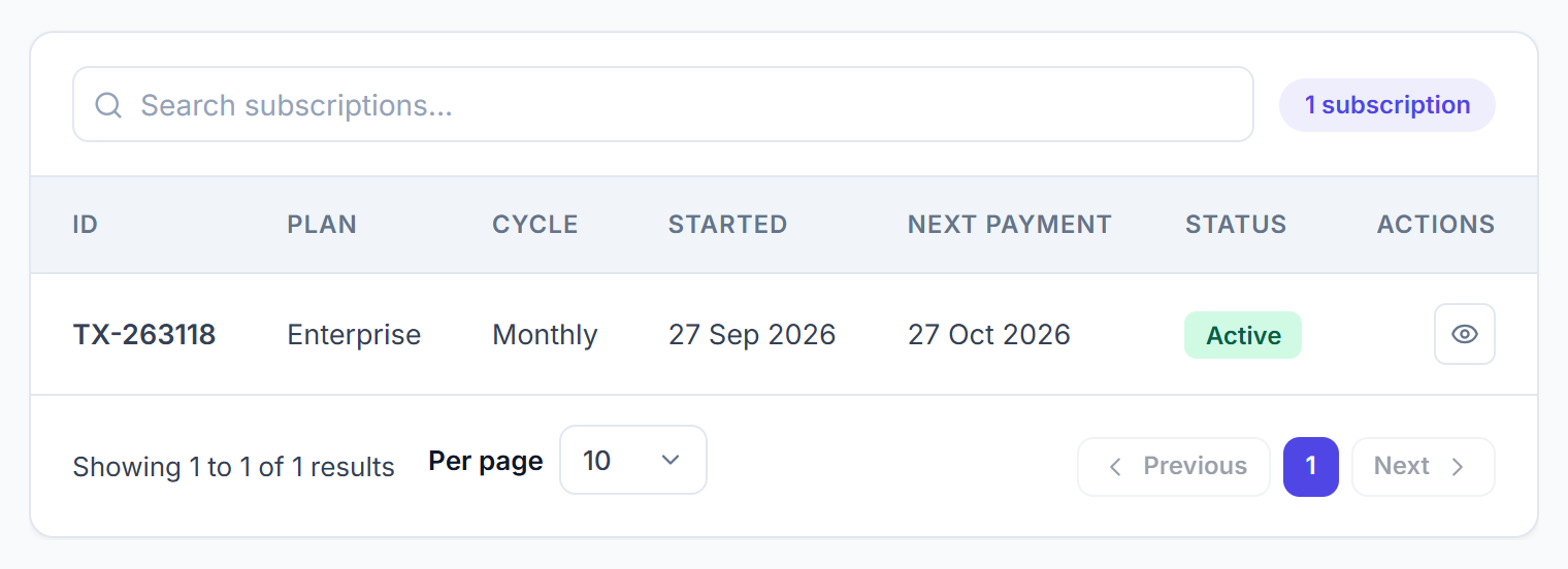 Subscriptions list with plan, cycle, start date, next payment and status