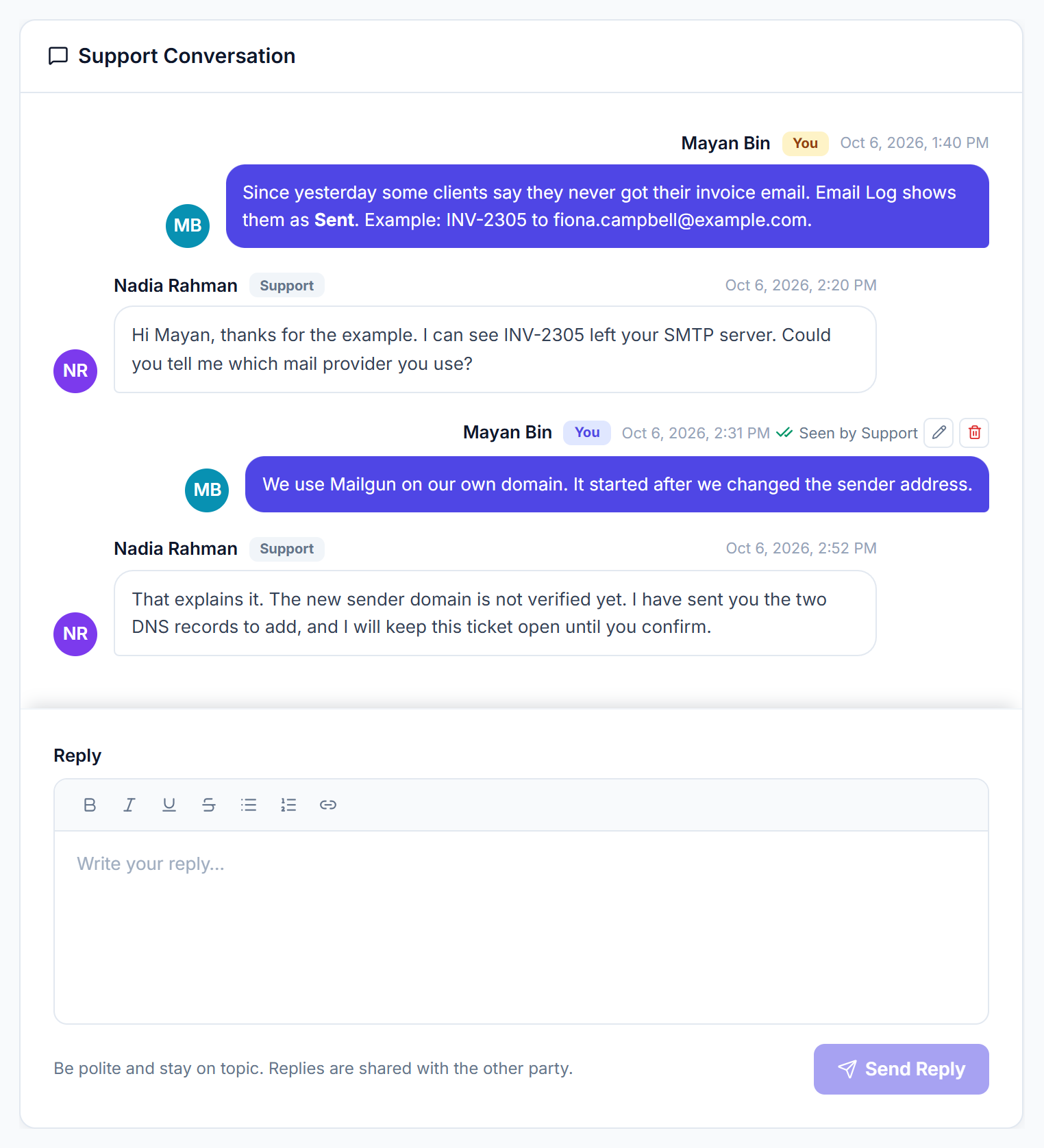Support conversation with your messages, support replies, edit and delete on your own reply, and the reply box