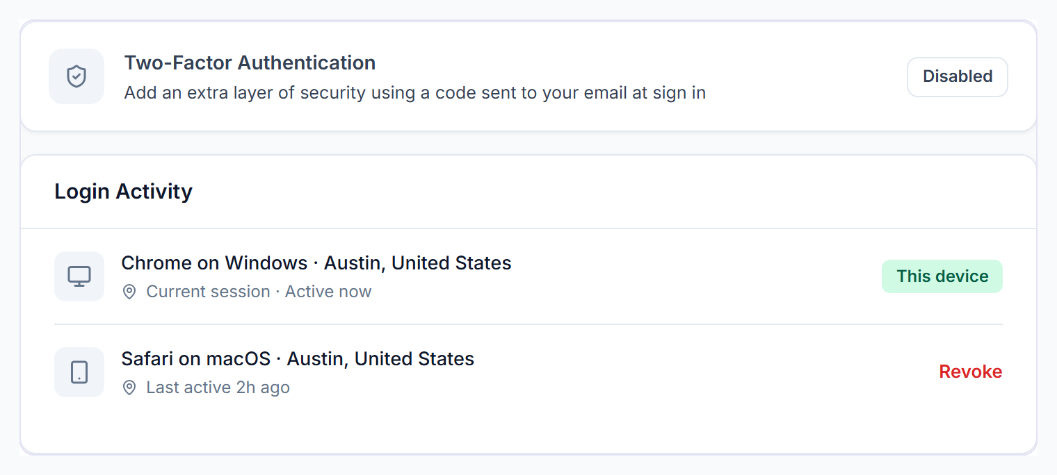 Two-Factor Authentication switch and Login Activity with signed-in devices