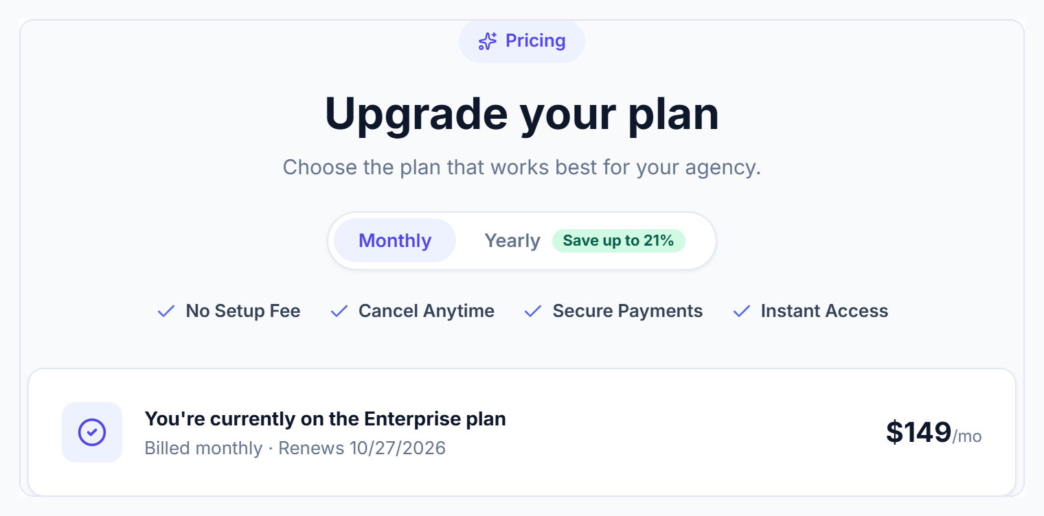 Upgrade your plan header with the Monthly and Yearly switch and the current plan