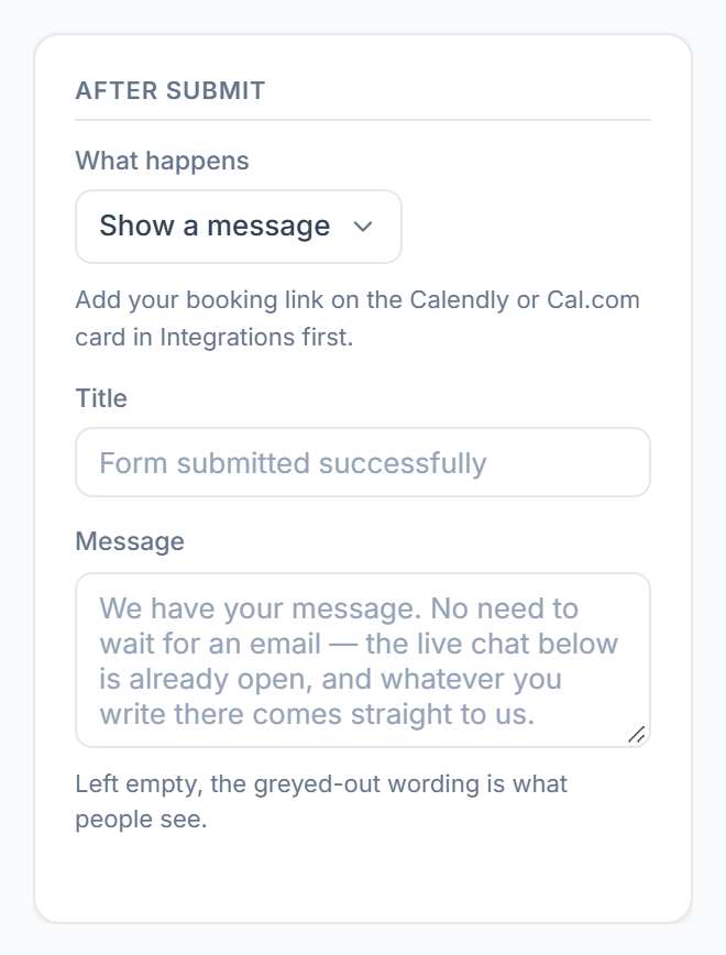 After submit settings with what happens, title and message