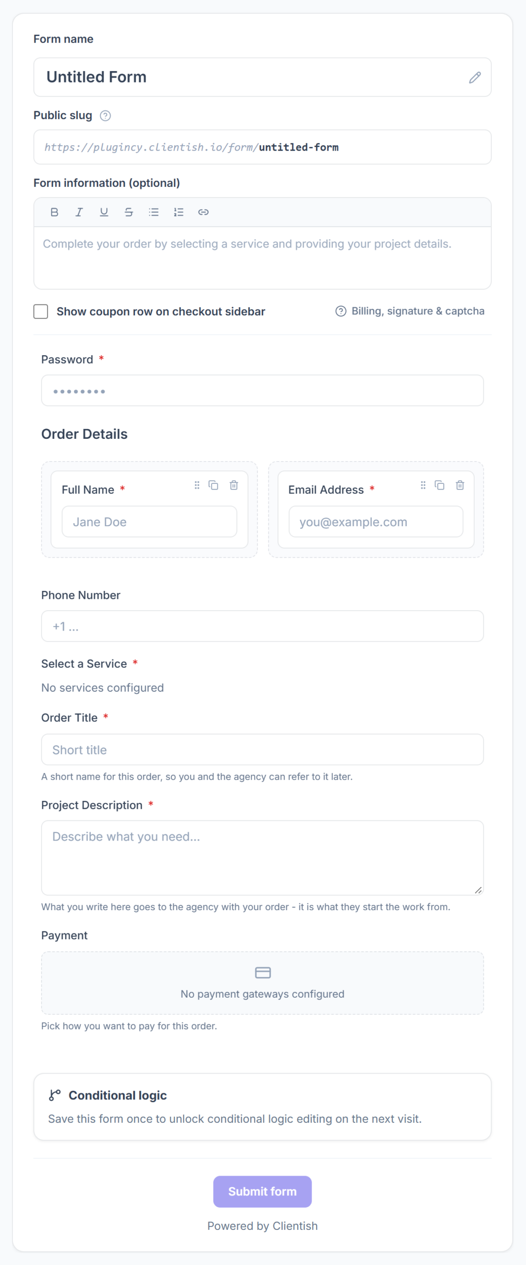 Form builder canvas with form name, public slug, information and the order form fields
