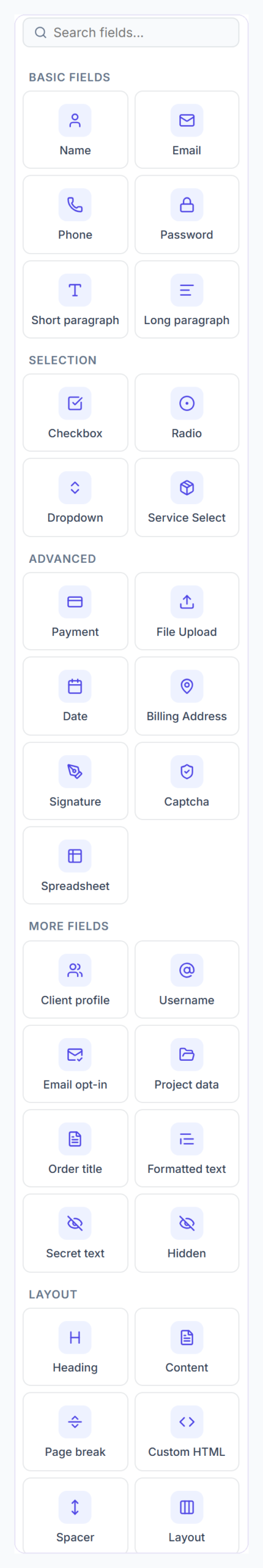 Form builder field palette with basic, selection, advanced, more fields and layout