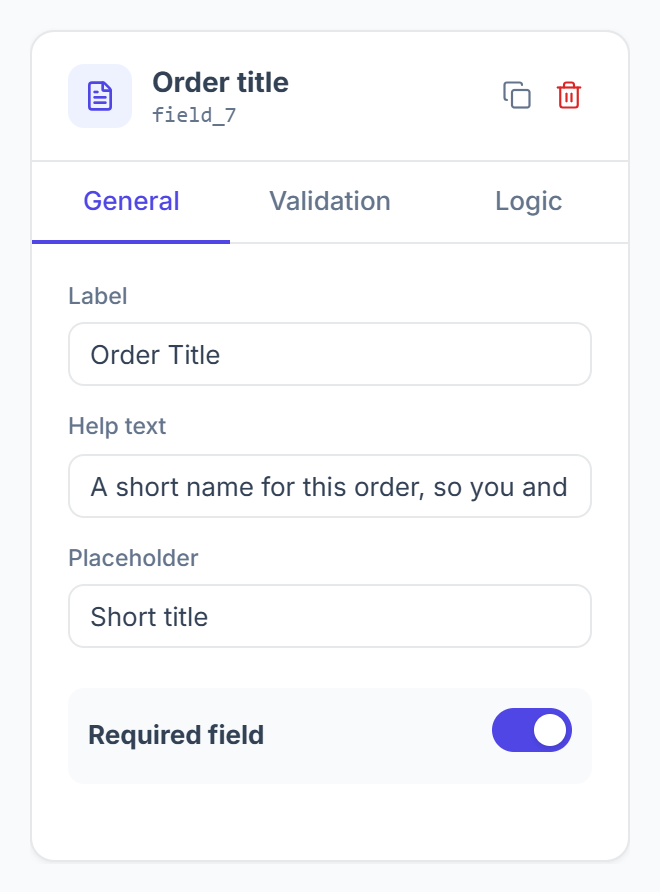 Field settings with General, Validation and Logic tabs and Required field