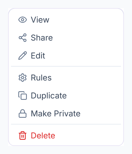 Form menu with View, Share, Edit, Rules, Duplicate, Make Private and Delete
