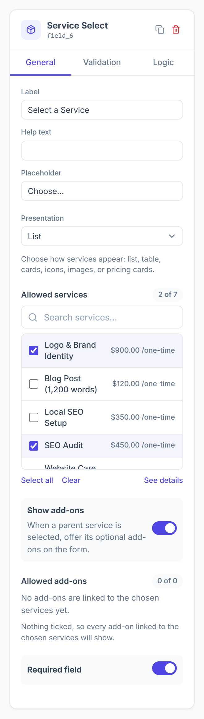 Service Select settings with presentation, allowed services and add-ons