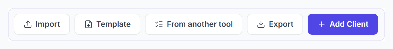 Clients page buttons: Import, Template, From another tool, Export and Add Client