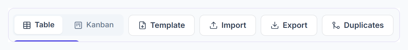 Leads page buttons: Template, Import, Export and Duplicates