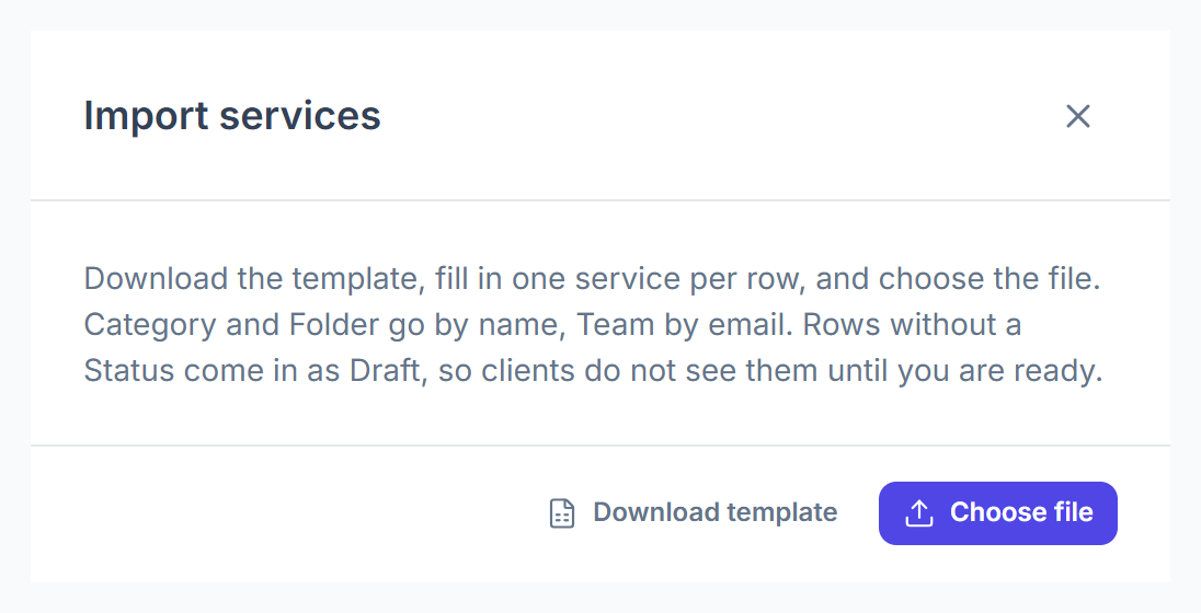 Import services window with Download template and Choose file