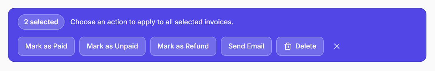 Bulk bar with Mark as Paid, Mark as Unpaid, Mark as Refund, Send Email and Delete