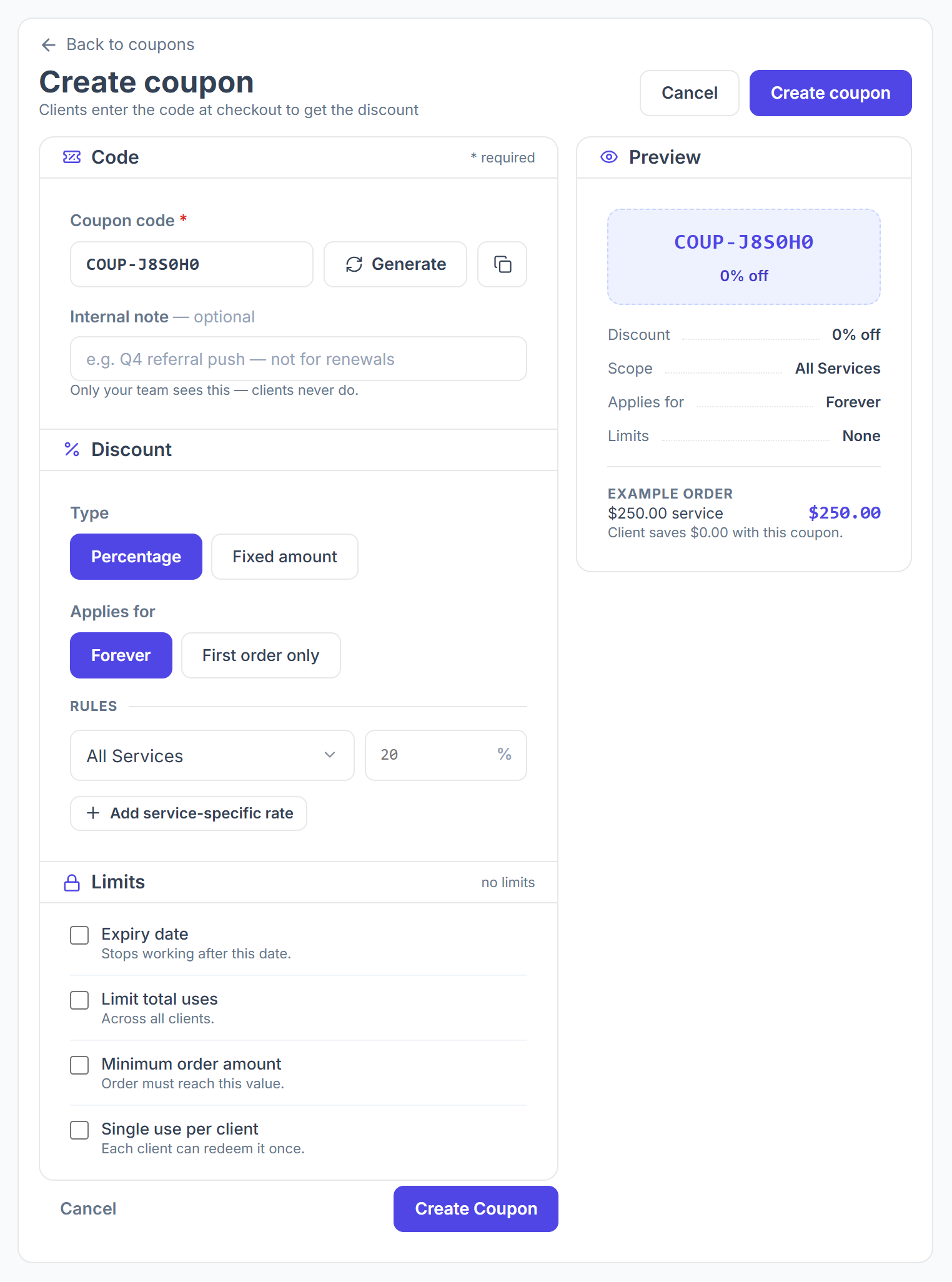 Create coupon form with code, discount, applies for, rules and limits