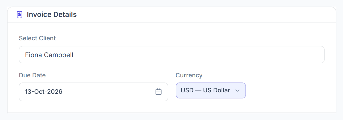 Create invoice: client, due date and currency
