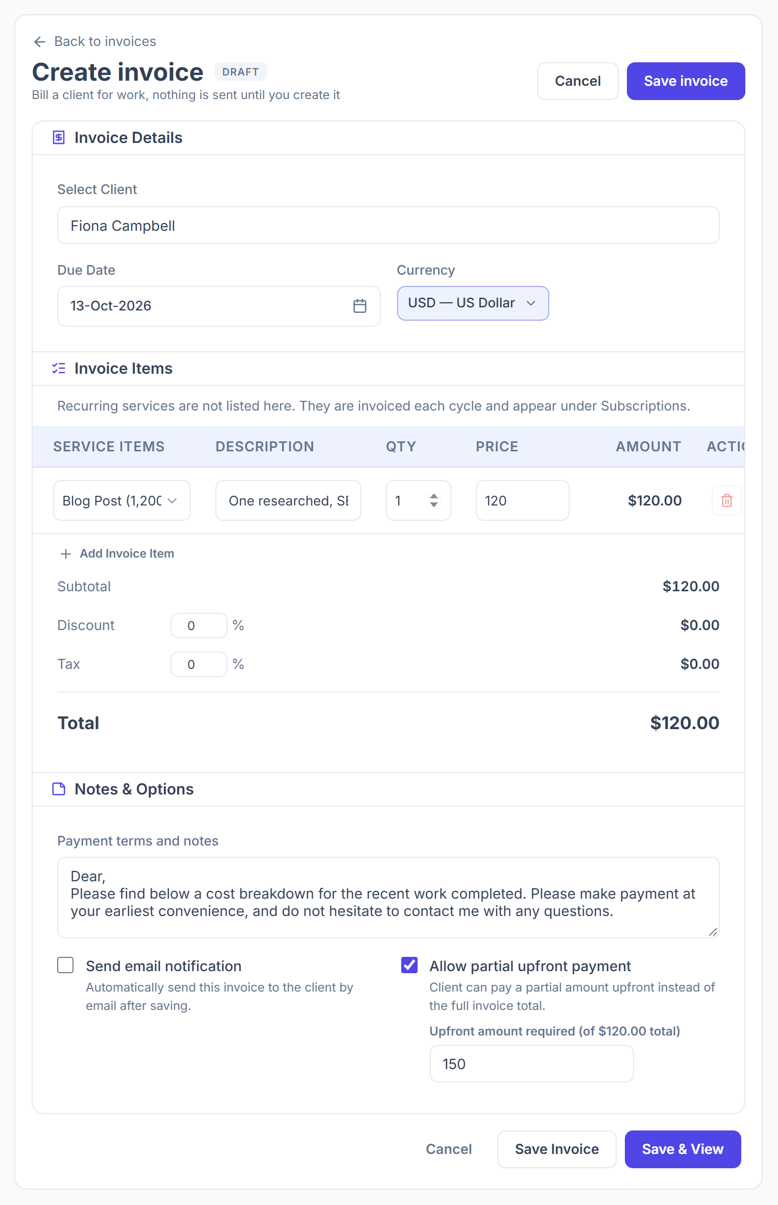 Create invoice form with items, discount, tax, notes and options