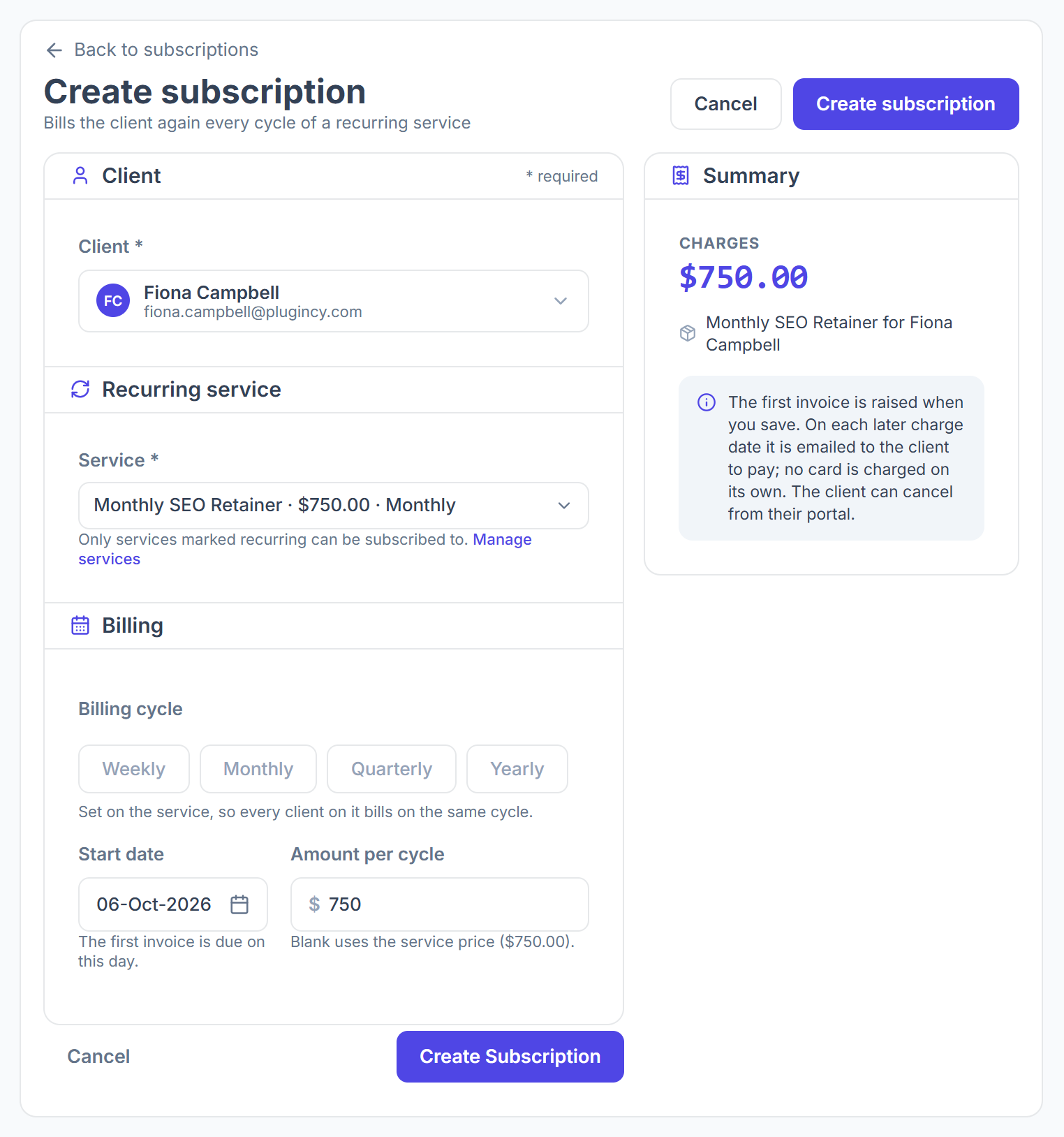 Create subscription form with client, recurring service and billing
