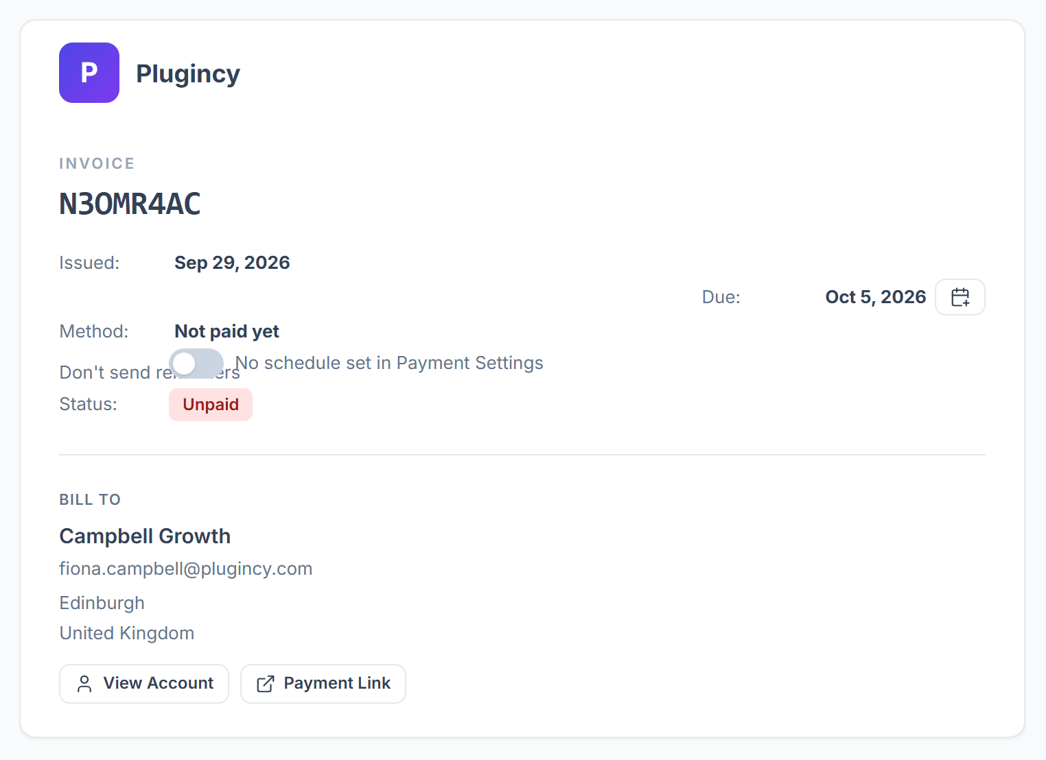 Invoice with number, dates, payment method, status and Bill To