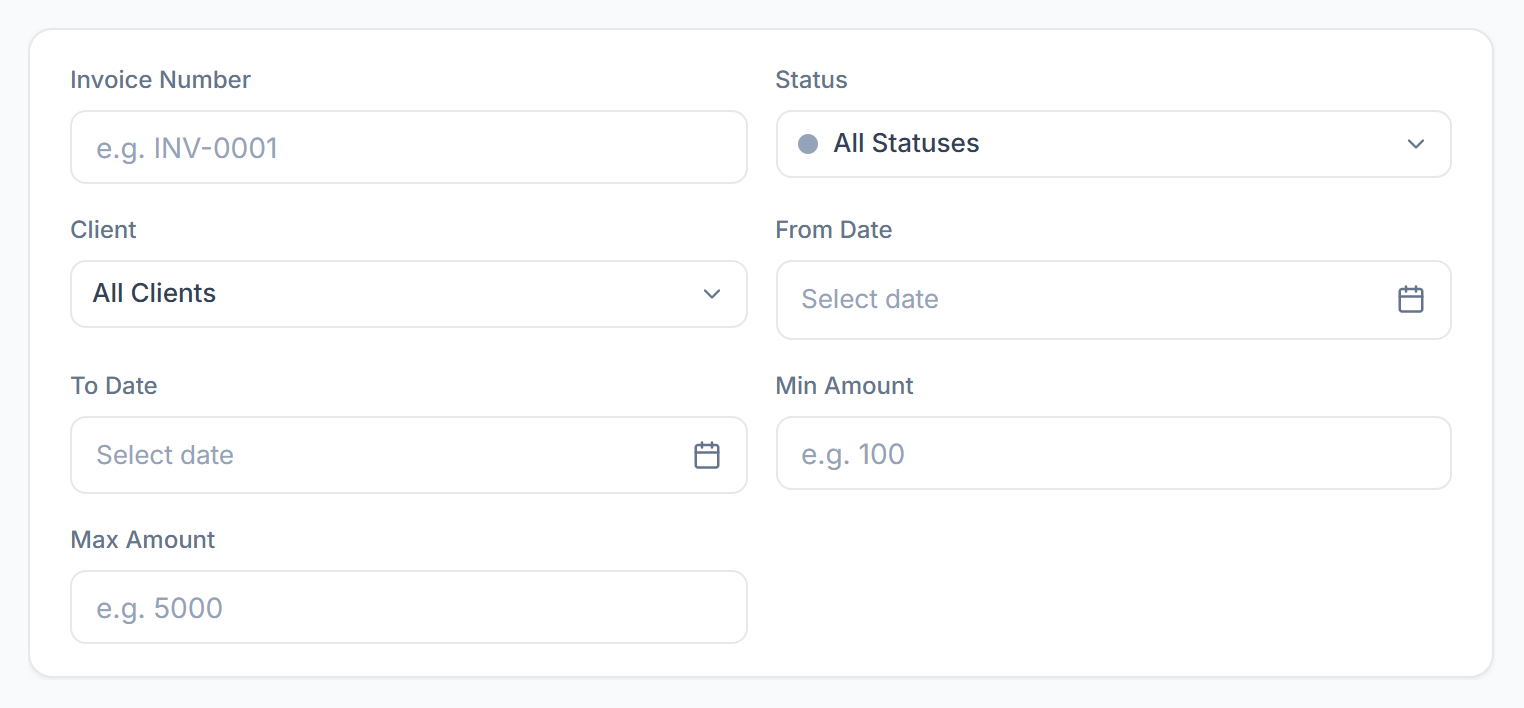 Invoice filters: invoice number, status, client, dates and amounts