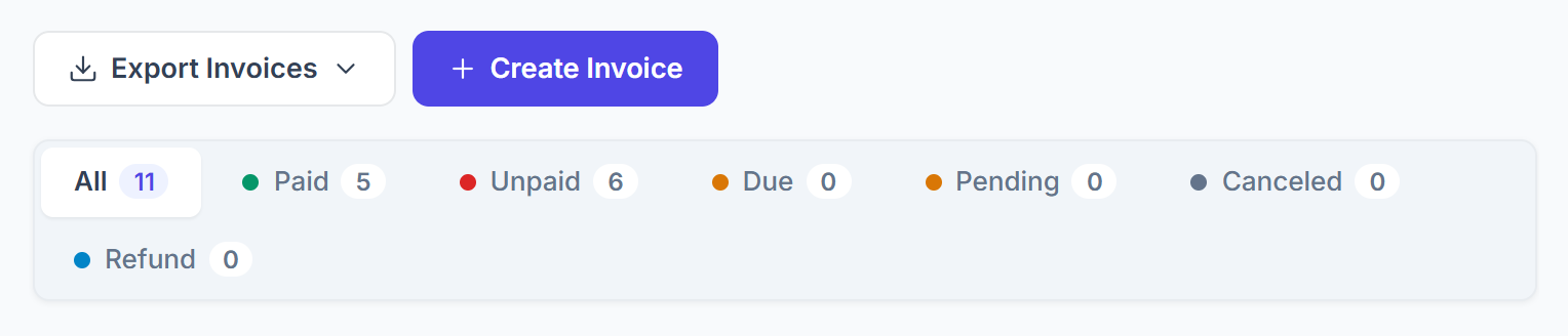 Invoices page with Export Invoices, Create Invoice and the status tabs