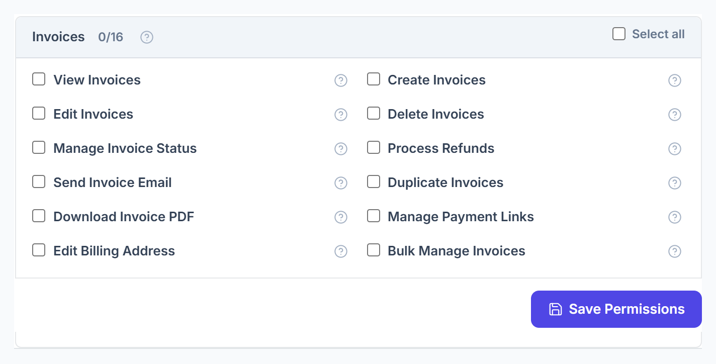 The 16 Invoices permissions in Roles & Permissions