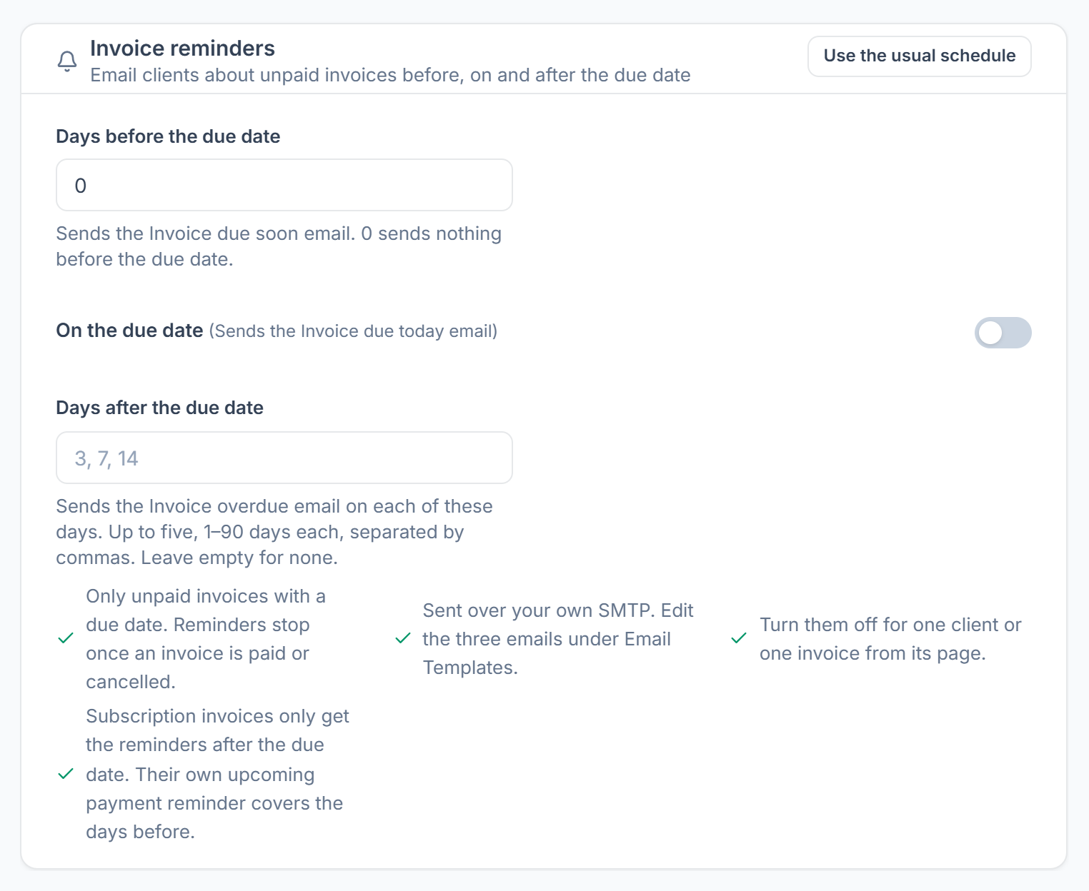 Invoice reminders: days before, on the due date and days after