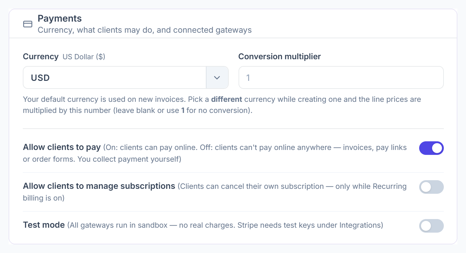 Payment Settings: currency, conversion multiplier, Allow clients to pay, subscriptions and Test mode
