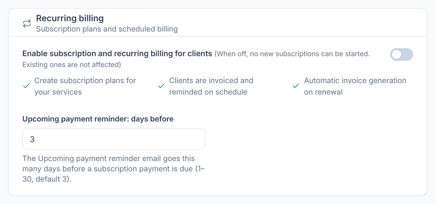 Recurring billing settings with the upcoming payment reminder days