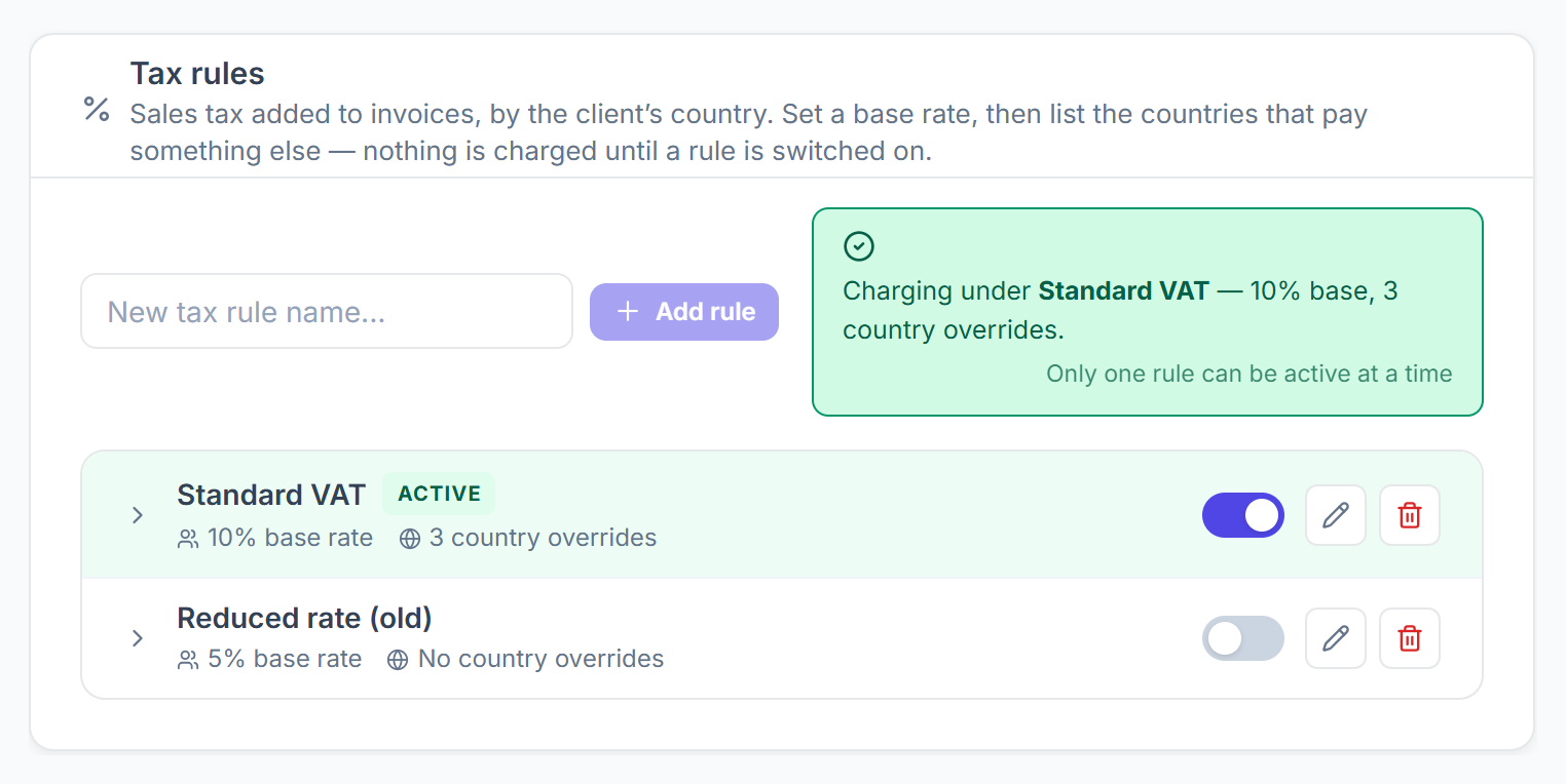 Tax rules with one active rule and the charging status