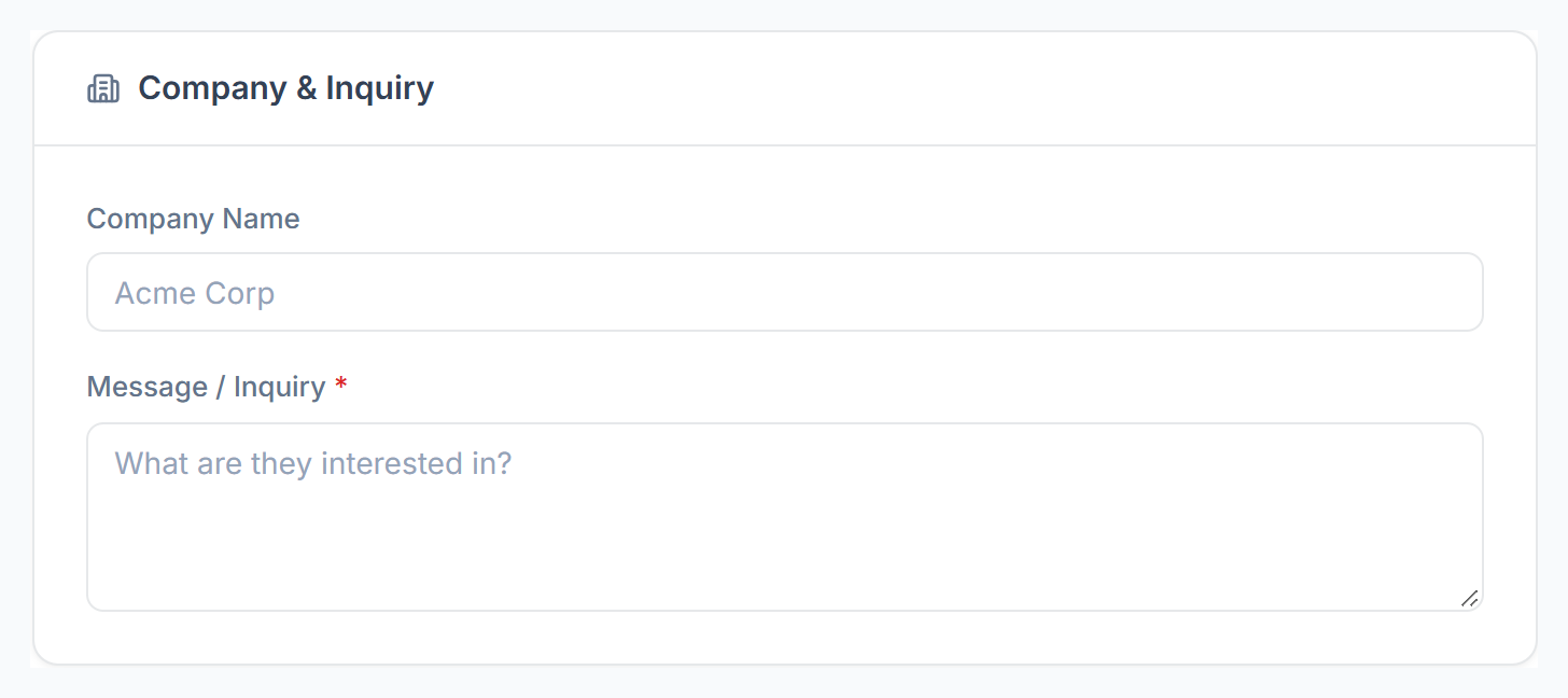 Add Lead form, Company and Inquiry