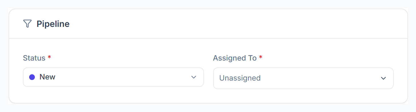 Add Lead form, Pipeline with Status and Assigned To