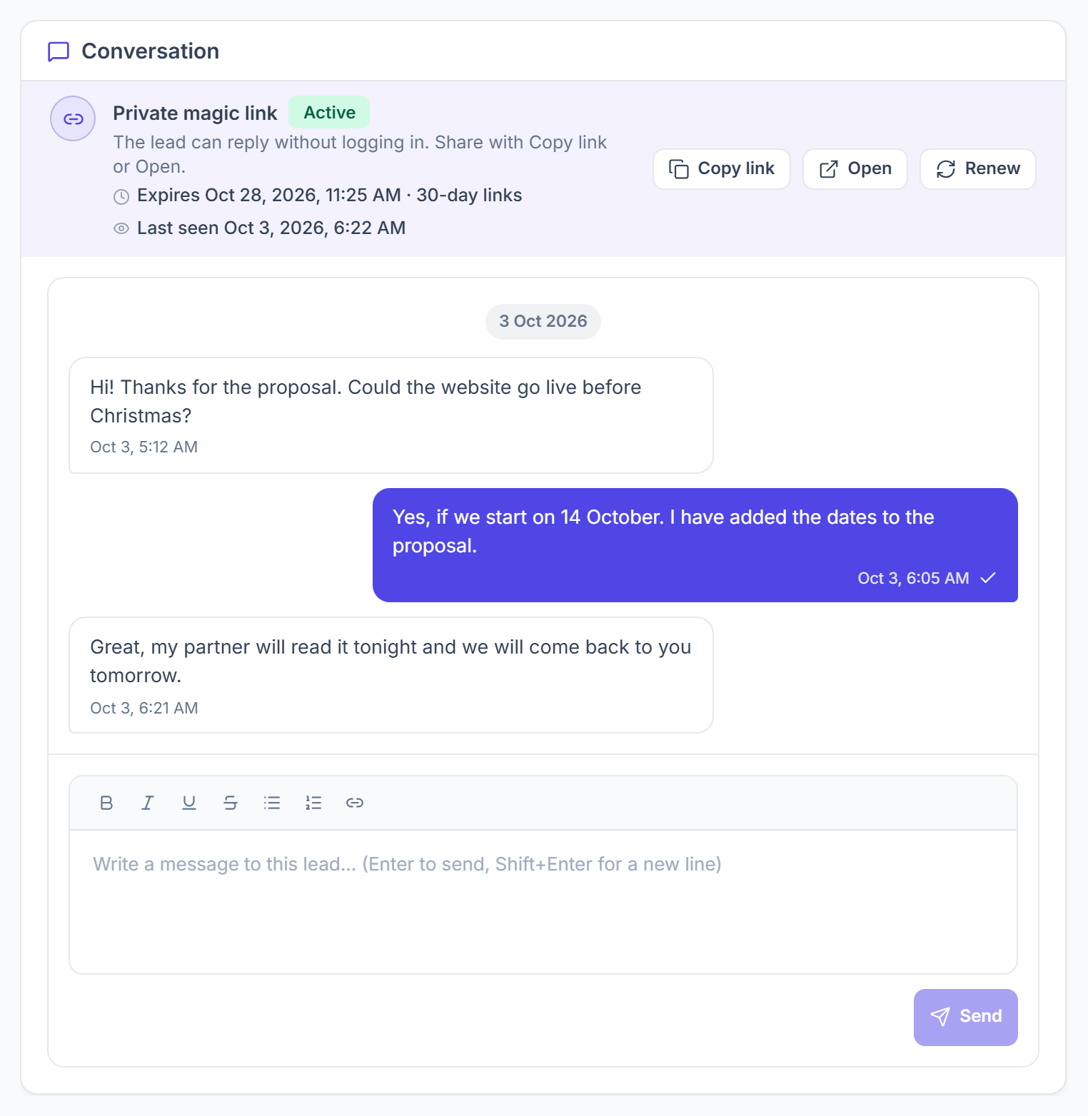 Lead conversation with the private magic link and messages