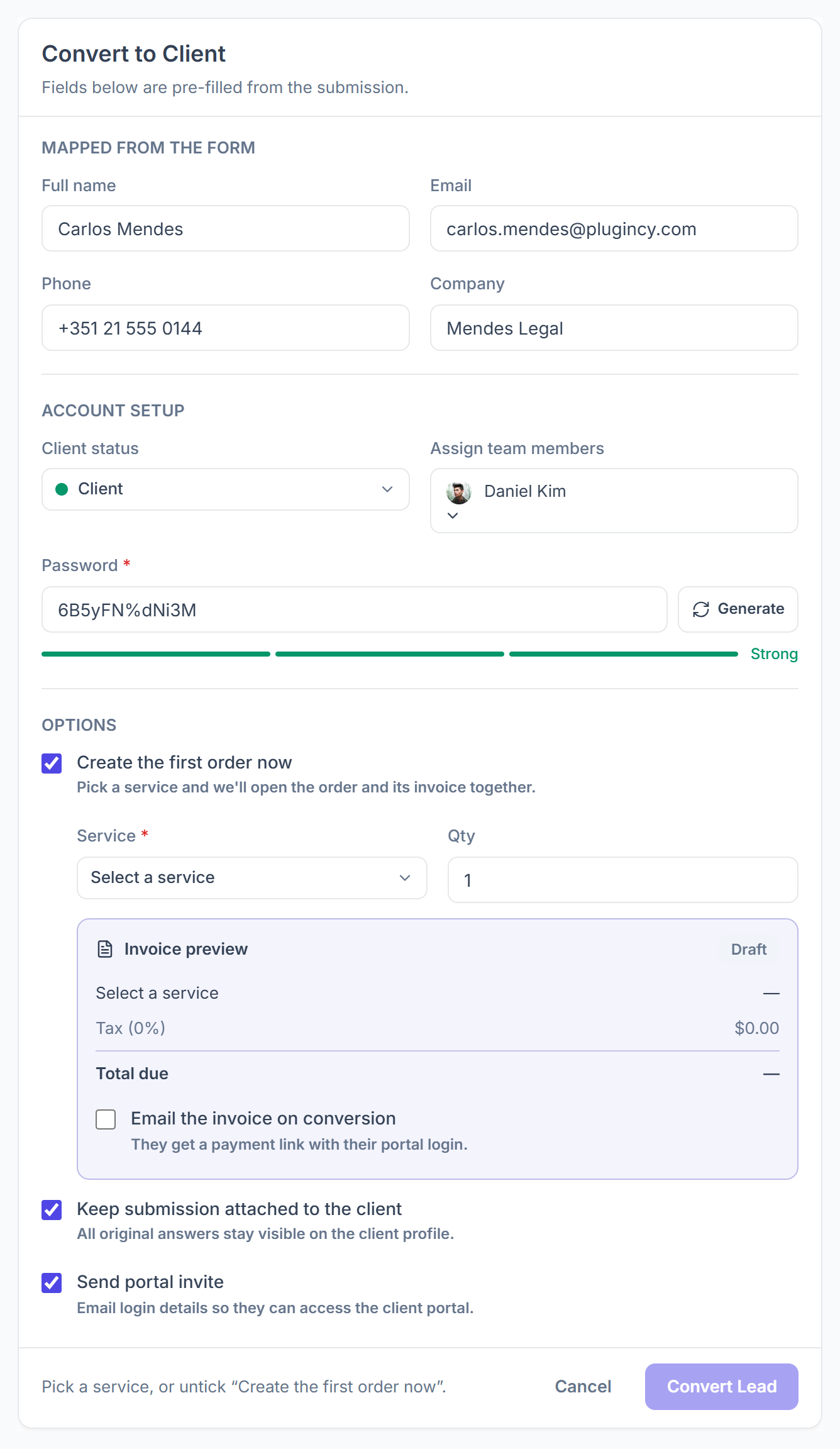 Convert to Client dialog with account setup, first order and options