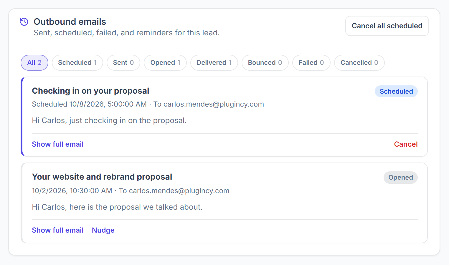 Email history with a scheduled and an opened email