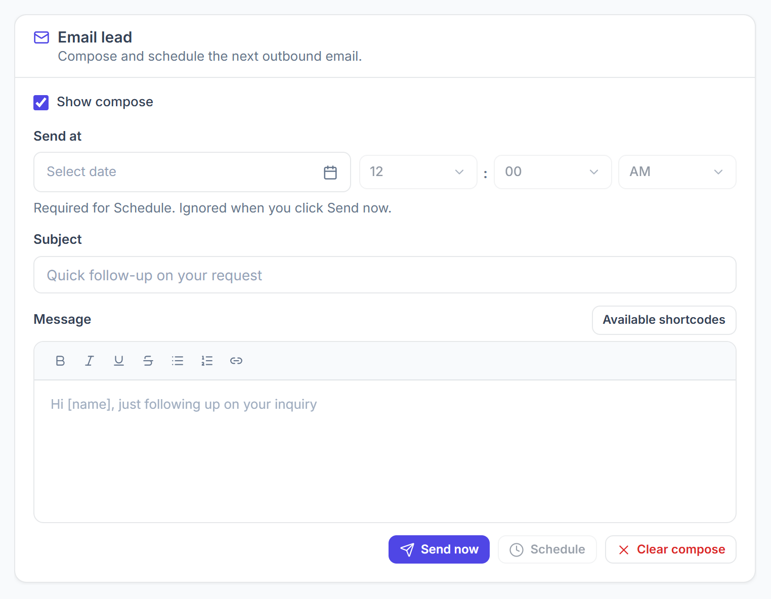 Email lead tab with Send at, Subject, Message, Send now and Schedule