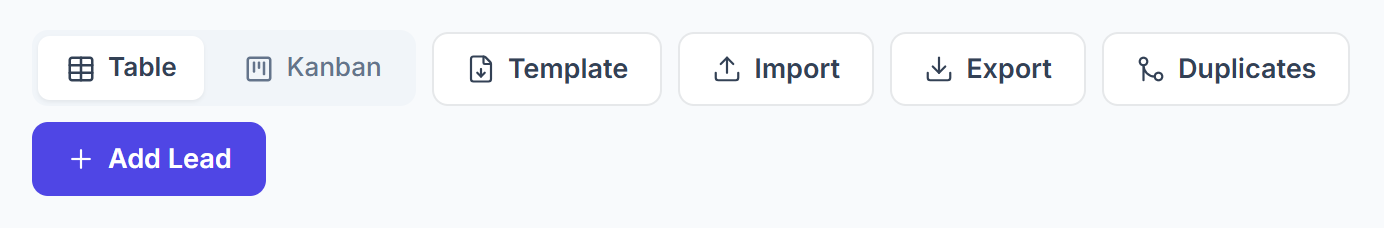 Leads page buttons: Table, Kanban, Template, Import, Export, Duplicates and Add Lead