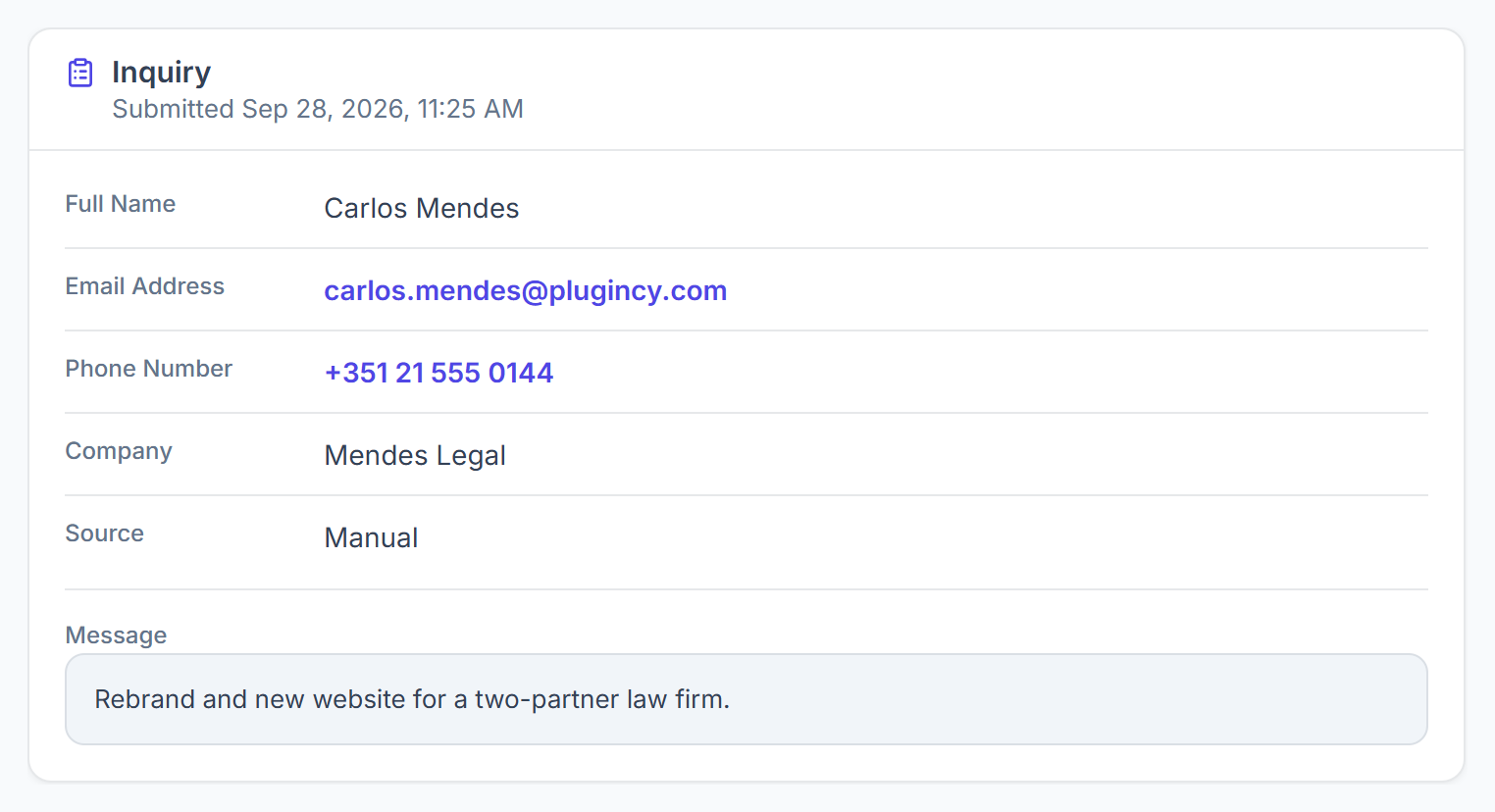 Lead Inquiry tab with name, email, phone, company, source and message