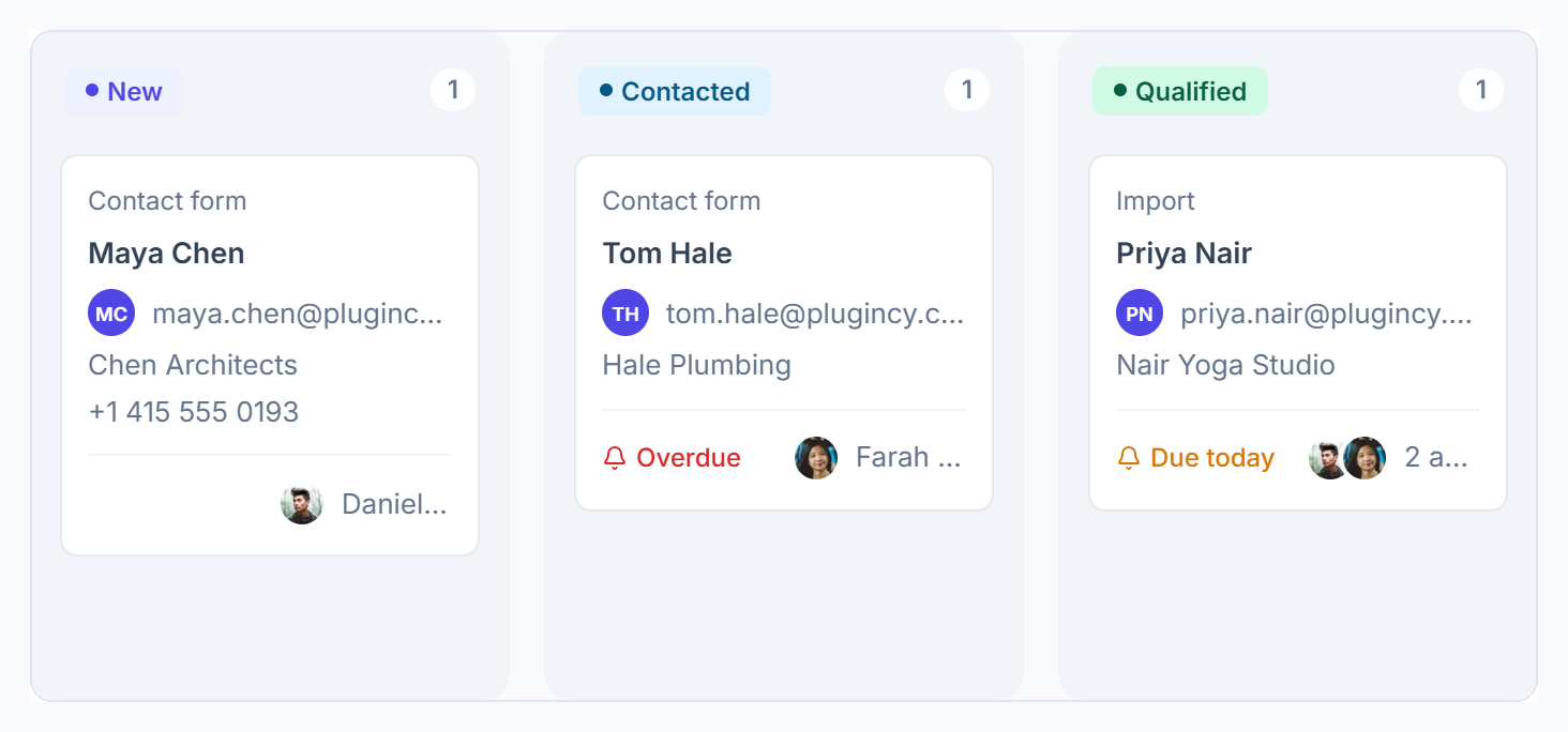 Leads Kanban board with New, Contacted and Qualified columns