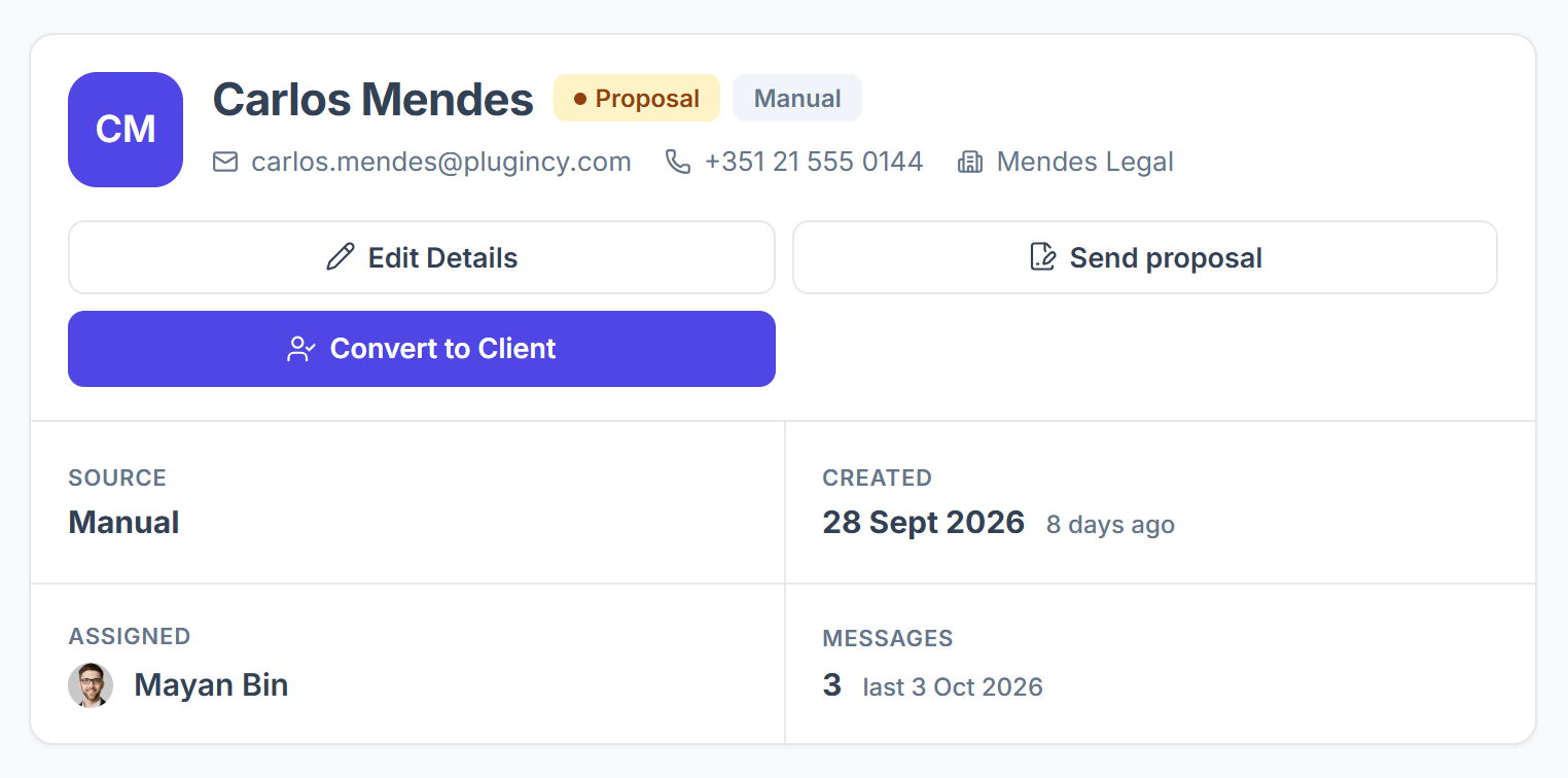 Lead page header with Edit Details, Send proposal and Convert to Client