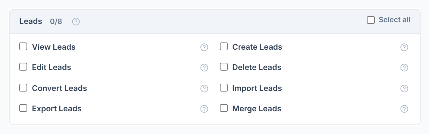 The 8 Leads permissions in Roles & Permissions