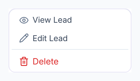 Lead menu with View Lead, Edit Lead and Delete