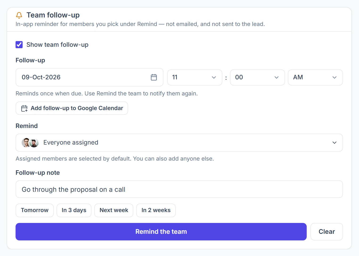 Team follow-up card with date, Remind, note and quick dates